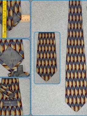 Robert Talbott Studio Silk Tie Geometric Gold Blue Burgundy Made in USA